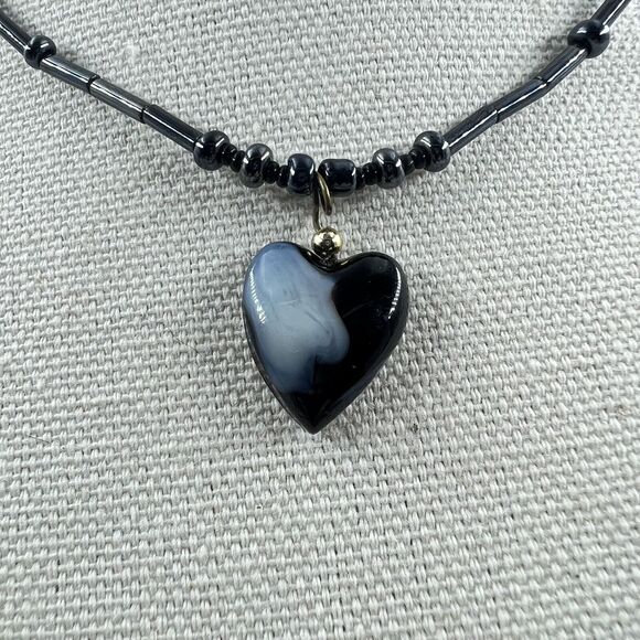 Art Glass Heart Pendant Black Beaded Necklace 16” Barrel Clasp Gothic Romance - Picture 2 of 6